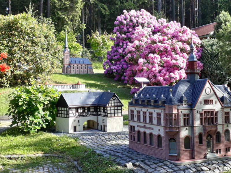 Das Miniaturmodell eines historischen Rathauses steht im Klein-Vogtland in Adorf in Sachsen in einem Parkgelände mit grüner Wiese und violett blühenden Rhododendren im Hintergrund.